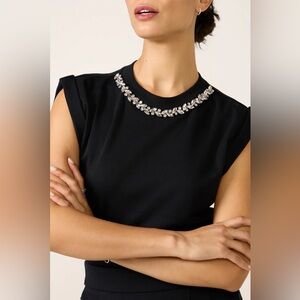 Women’s LNA Dionne Tee with Embellished Rhinestone Neckline and Cuffed Sleeves